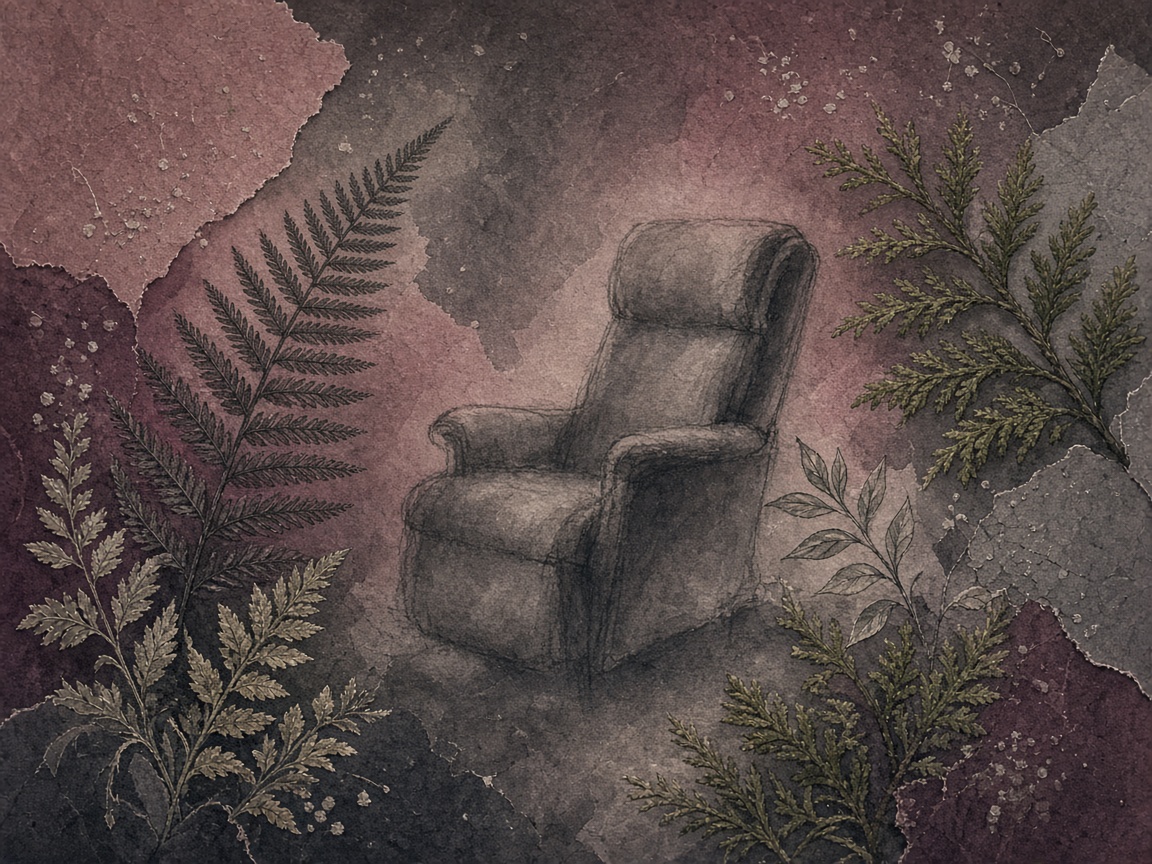 Botanical paper collage with a quiet recliner sketch