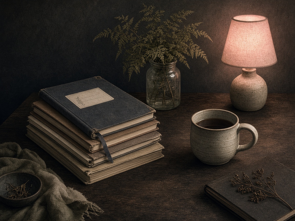 Studio desk still life with notebooks and rose lamp glow